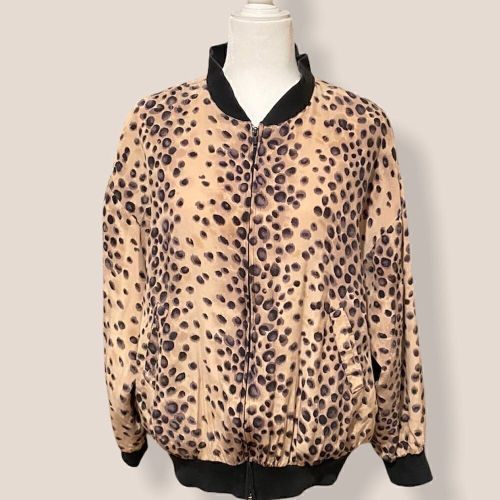 FY2 100% Silk Bomber Jacket Animal Print Size Medium Y2K